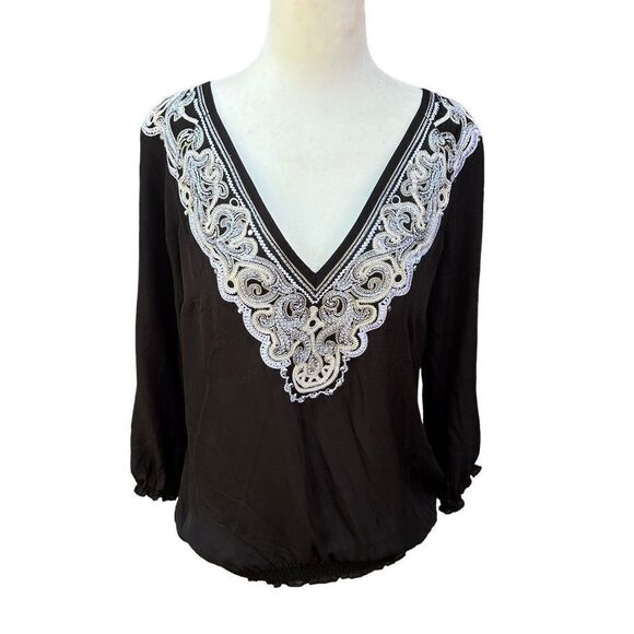 WHBM Black Silk Top White Sparkle Beading Size Medium - Picture 1 of 10